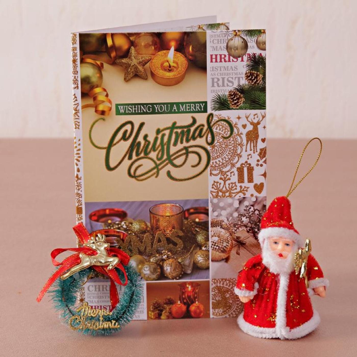 cinnamon cake with crystal votive and christmas decor in gift