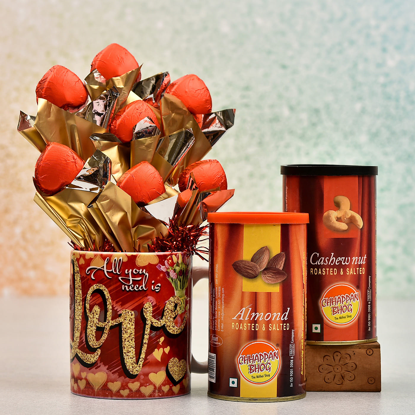 dark chocolate bouquet with roasted & salted dryfruit cans: gift