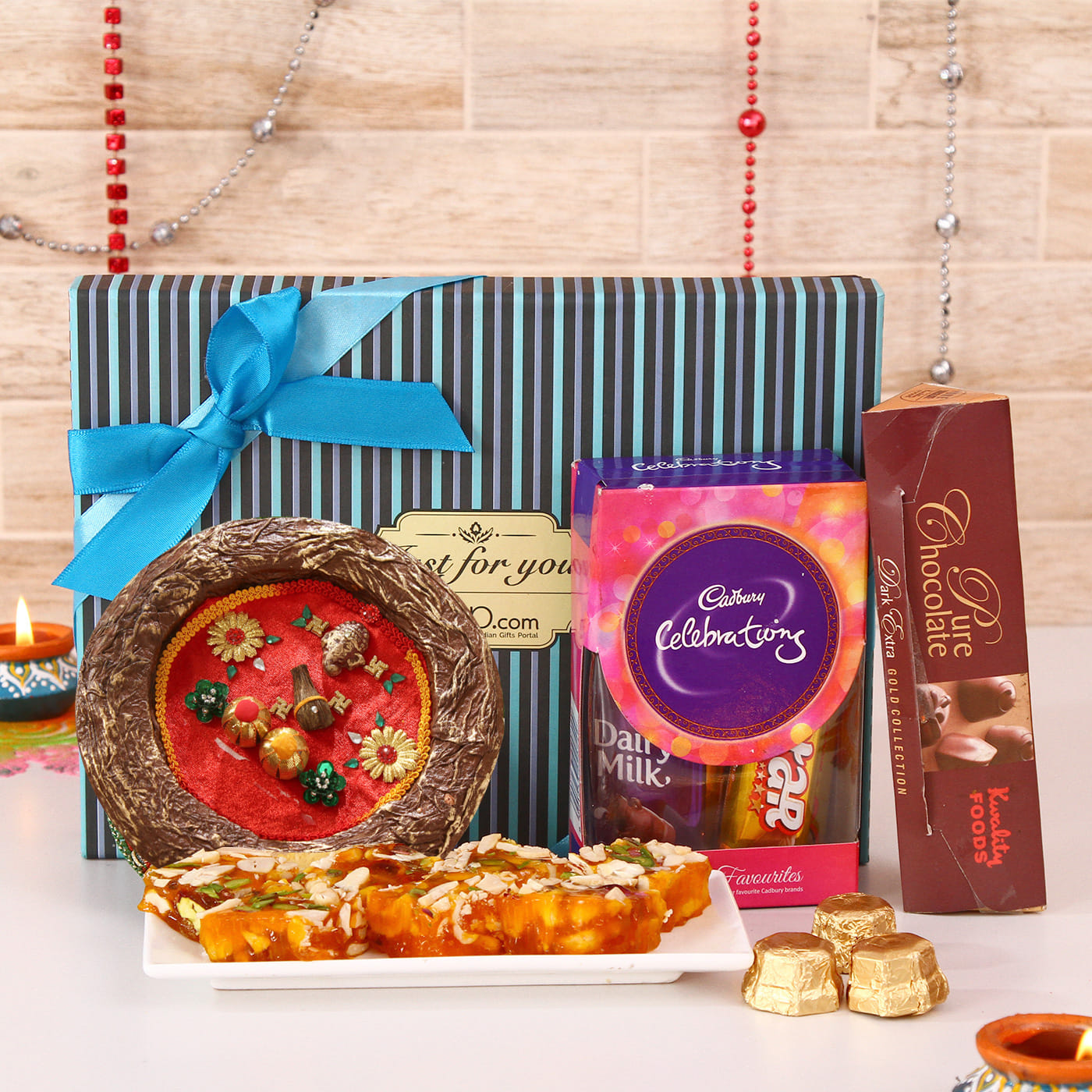 gift box of tikka thali, karachi halwa and chocolates