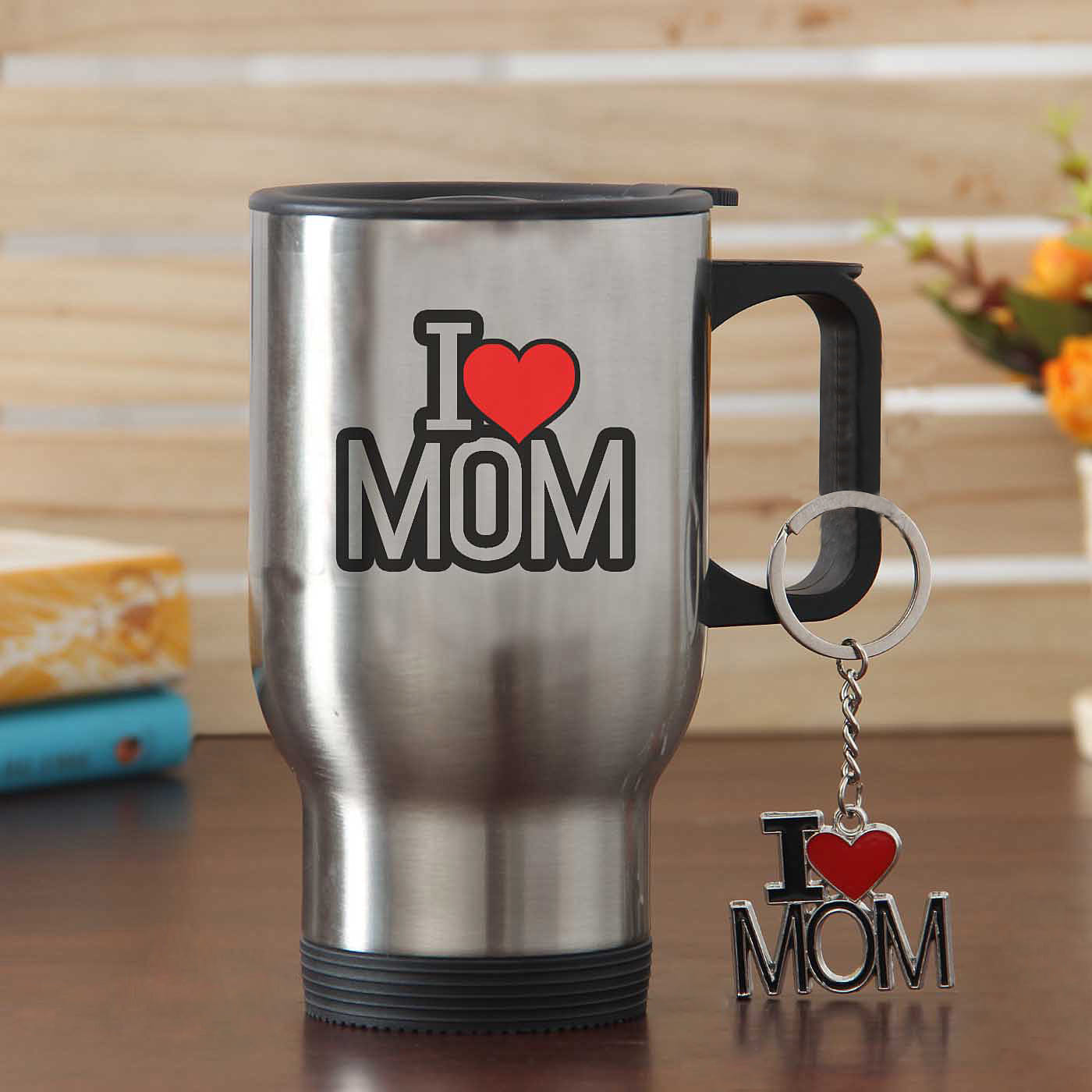 i love mom steel mug with keychain: gift/send mothers day gifts