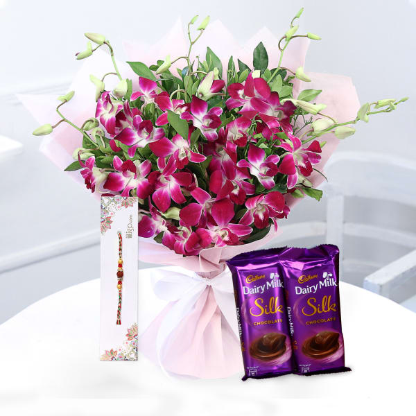 Bunch Of 6 Orchids With Rakhi Dairy Milk Silk Bars Gift Send Rakhi