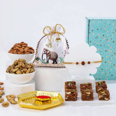 Buy Send Divine Rudraksha Rakhi And Delightful Treats Hamper Online