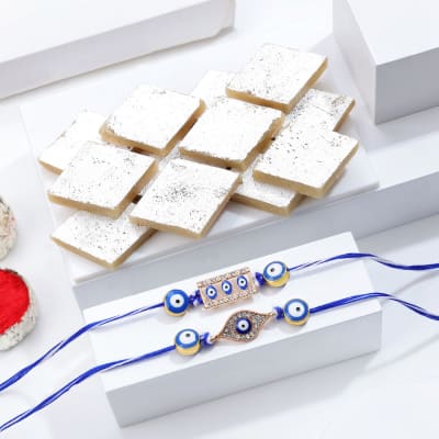 Buy Send Evil Eye Rakhis And Kaju Katli Combo Online Igp Jvs