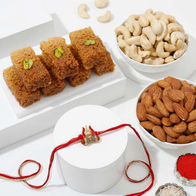 Buy Send Rudraksh Trishul Meena Work Rakhi And Healthy Delights Hamper