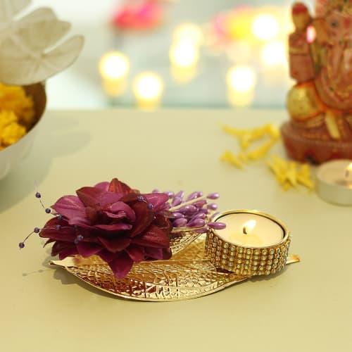 Leaf Shaped Designer Metal Tea Light Holder with Artificial Flowers: Gift/Send Christmas Gifts Online M11120807 |IGP.com