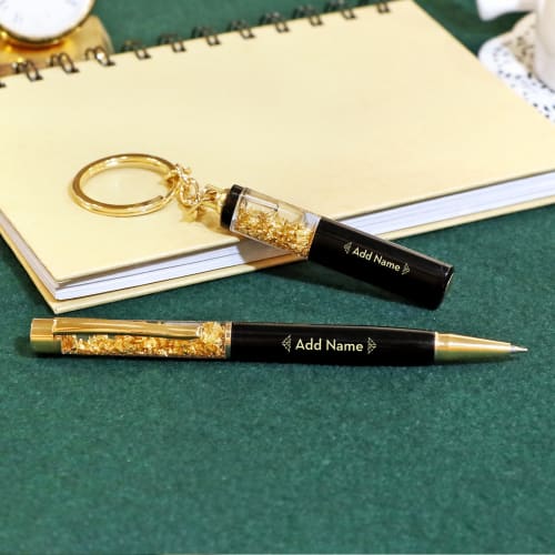 Engraved and Giftboxed Personalised Black Ballpoint Pen & Keyring Gift Set 