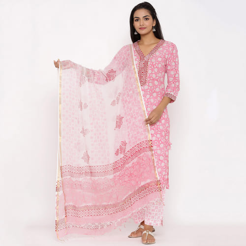 Pink Cotton Kurta Pant Dupatta Set 