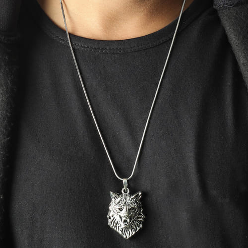 Wolf Engraved Oxidised Silver Finish 