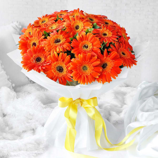 20 Orange Gerberas Bouquet in Elegant White Wrapping