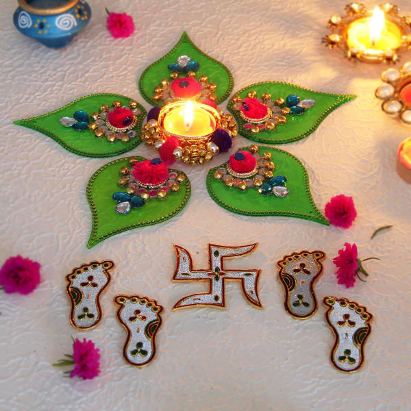 Beautiful Leaf Shaped Rangoli with Puja Essentials