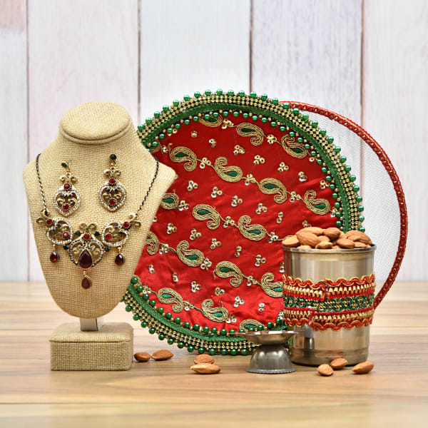 Beautiful Necklace Set with Decorative Karwa Chauth Puja Thali and Almonds