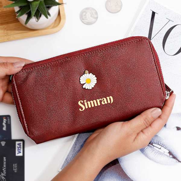 Cherry Red Personalized Daisy Charm Wallet For Women