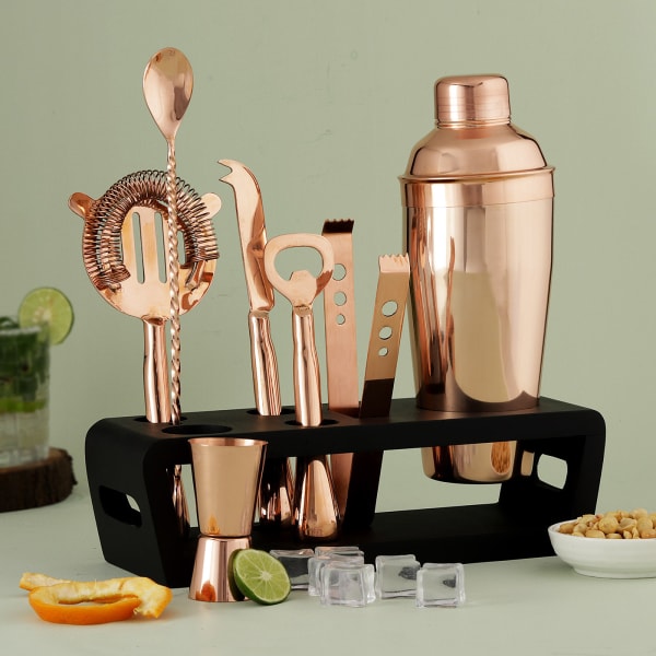 Copper Bar Tools Set With Wooden Stand