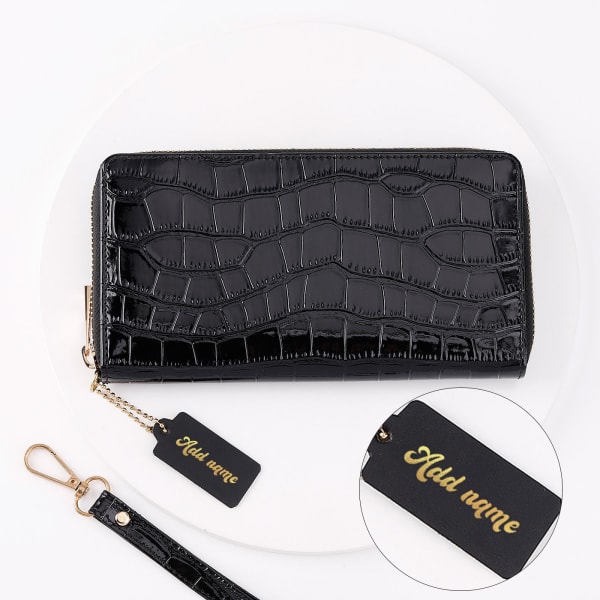 Croco Print Zip-Around Women's Wallet - Personalized - Midnight Black