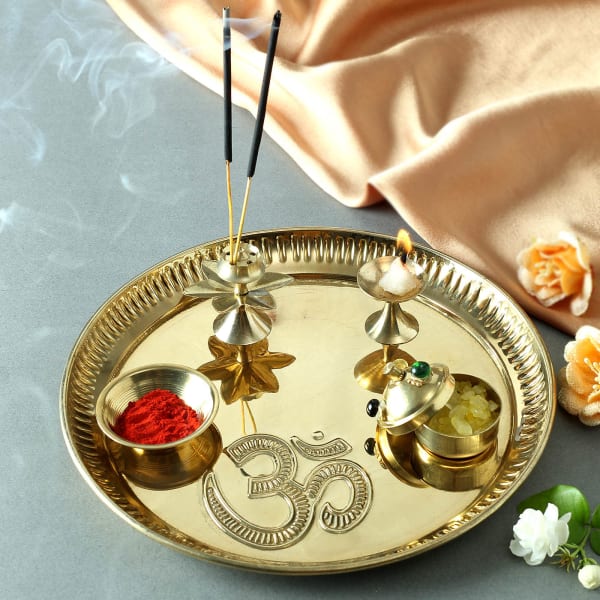 Designer Om Puja Thali in Brass (8 Inches)