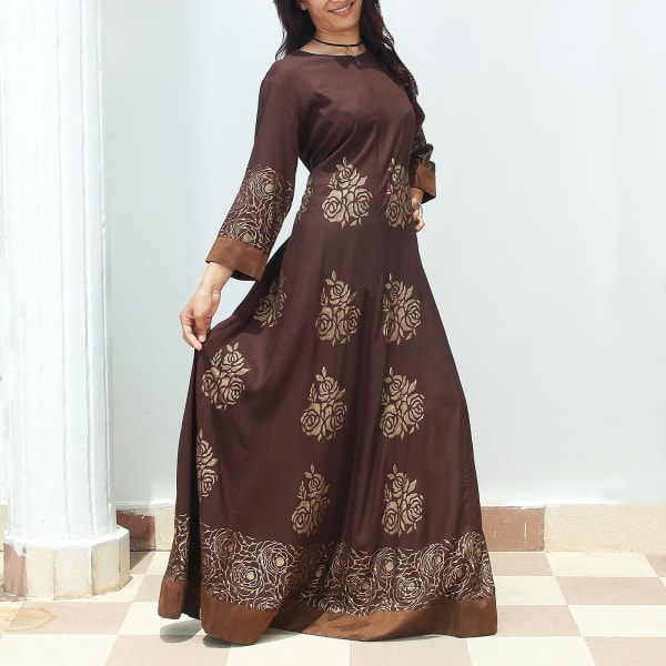 Fashionable Dark Brown Color with Gold Print Long Dress