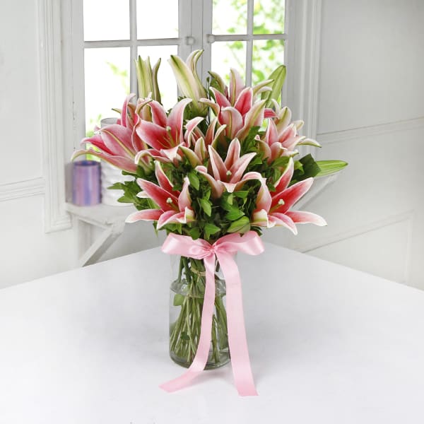 Glass Vase of 6 Pink Lilies