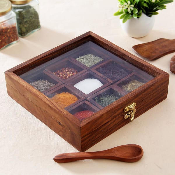 Handcrafted Wooden Spices Container with Spoon