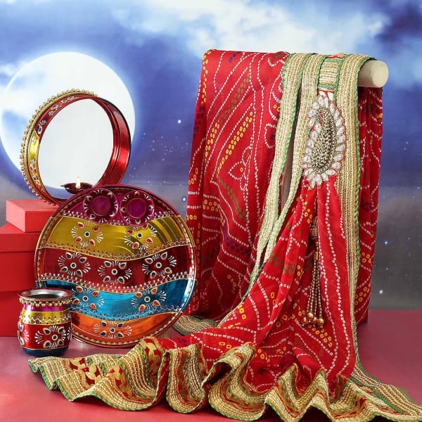 Karwa Chauth Puja Thali Set with Bandhani Dupatta