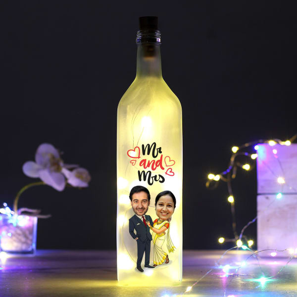 Mr And Mrs Caricature Personalized Yellow LED Bottle