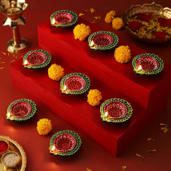 Multi-Colored Clay Diyas - Set Of 8