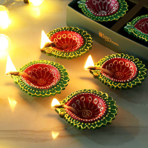 Multi Colored Hand Painted Clay Diya (Set of 4)