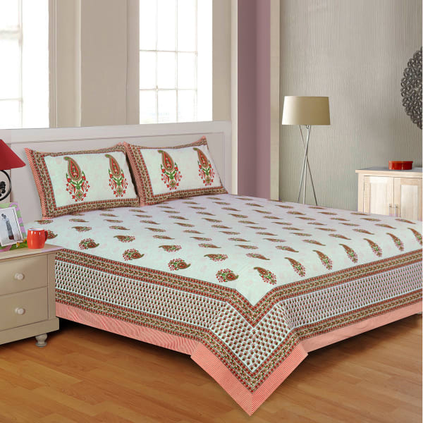 Oriental Printed Double Bed Sheet with Pillow Covers