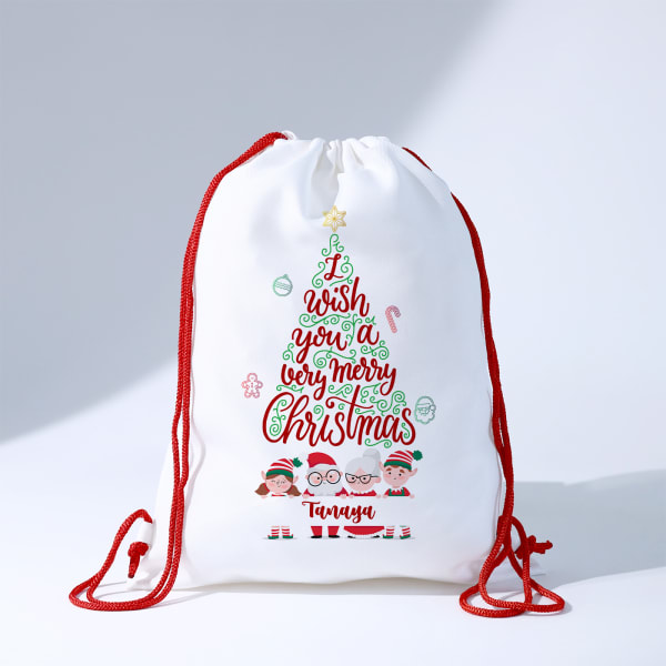 Personalized Christmas Greetings Drawstring Bag - Red