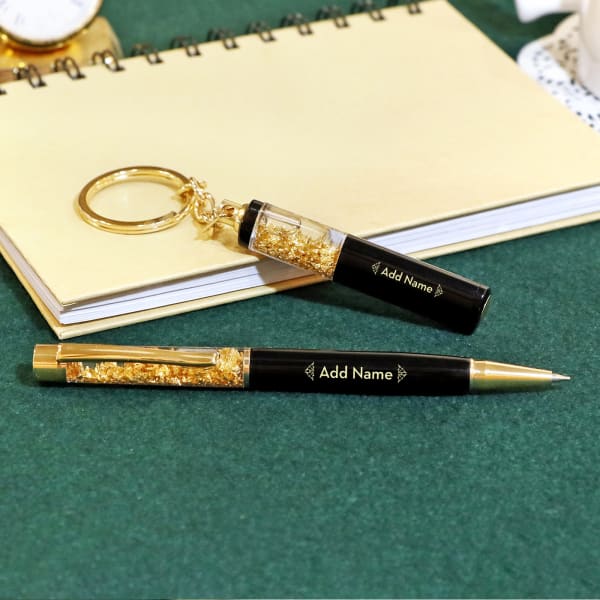 Personalized Pen and Keychain Set in Black and Gold
