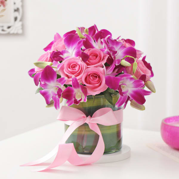 Purple Orchids & Pink Roses In Round Vase