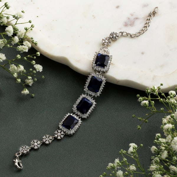 Sapphire CZ Stones Studded Silver Plated Women's Bracelet