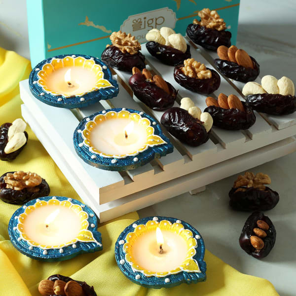 Set of 4 Clay Diya with Assorted Mixed Fruit Dates (15 Pcs)