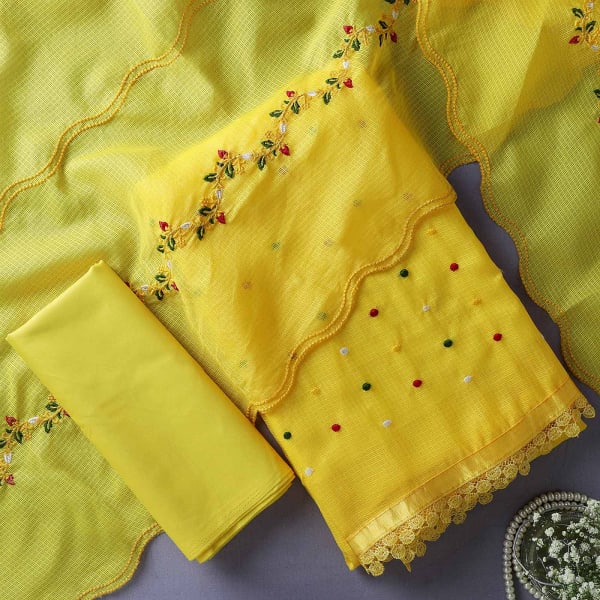 Subtle Embroidered Kota Doria Dress Material - Yellow