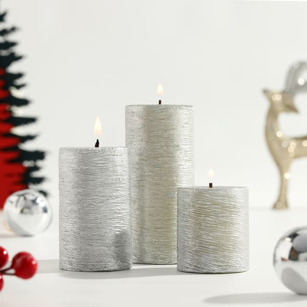Textured Hand Painted Pillar Candles - Silver (Set of 3)