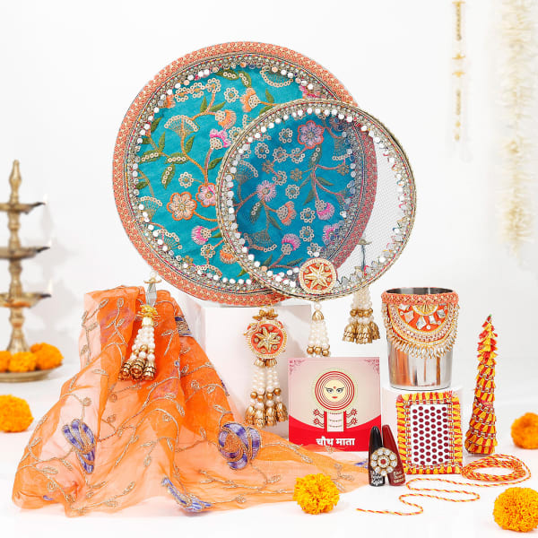 Traditional Blue Karwa Chauth Pooja Thali Set