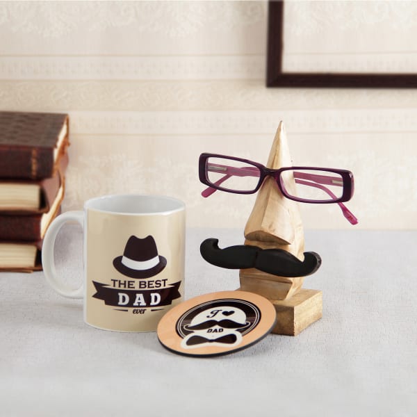 Wooden Spectacles Holder with Mug & Coaster for Father