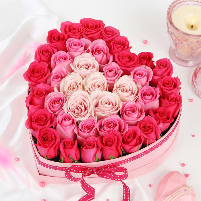 Assorted Roses in Heart Shaped Gift Box (40 Stems)