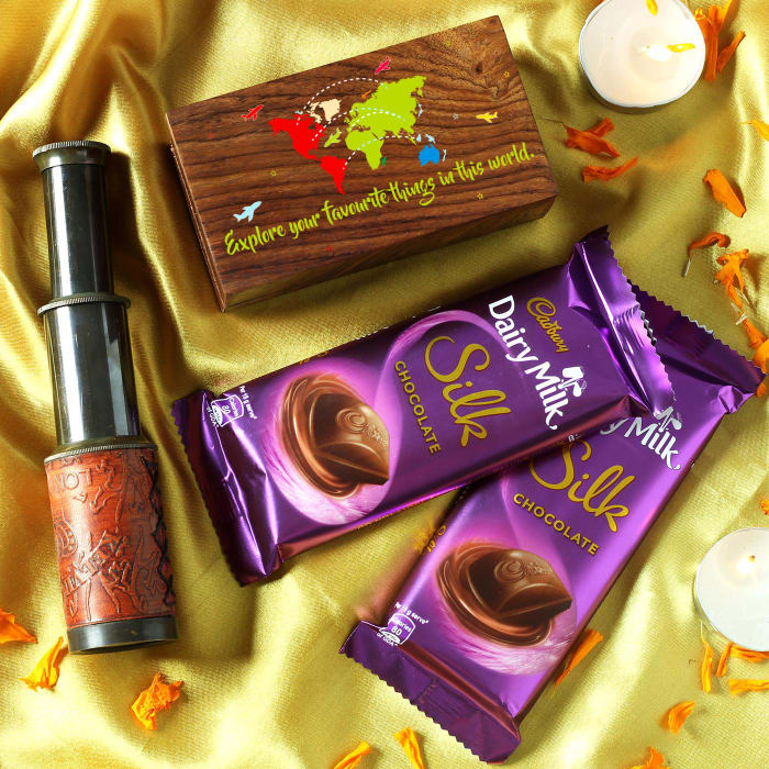 Customized Telescope in Wooden Box with Dairy Milk Silk Chocolates