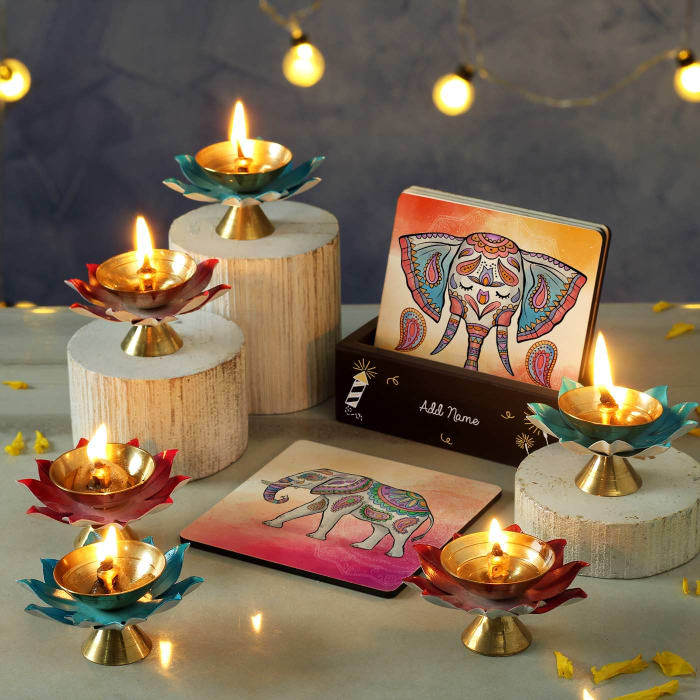 Designer Metal Diya Set with Coasters and Personalized Stand