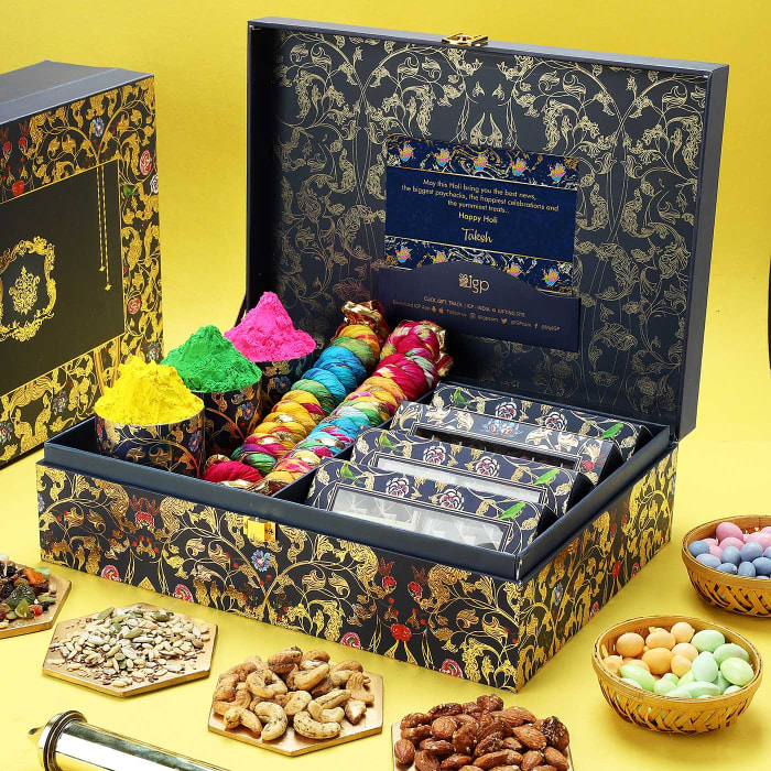 Gourmet Holi Hamper With Herbal Gulaal And Personalized Card
