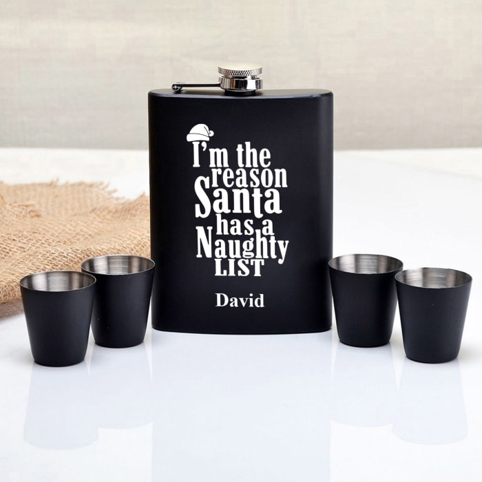 Naughty List Personalized Hip Flask And Shot Glasses Set