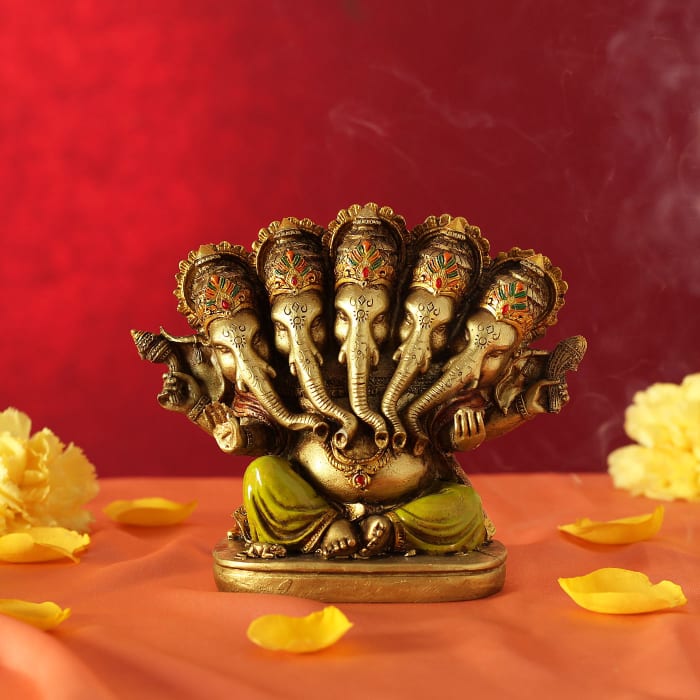 Panchmukhi Ganesha Idol in Antique Gold Finish