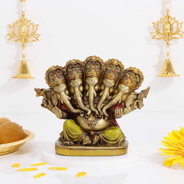 Panchmukhi Ganesha Idol in Antique Gold Finish