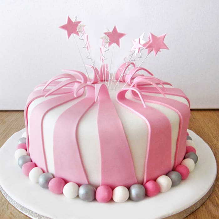Pink & Silver Striped Fondant Cake (2 Kg)