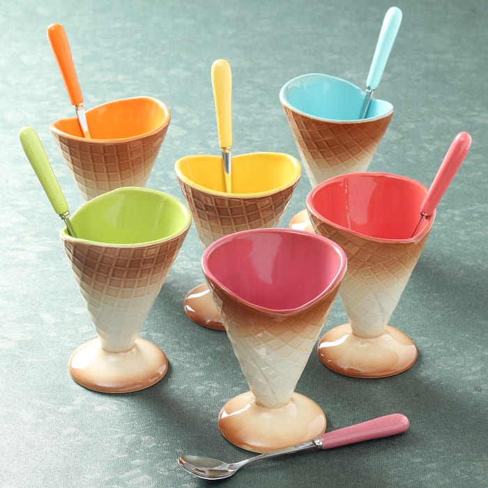 Set of 6 Cone shaped Ice Cream Bowls with Spoons
