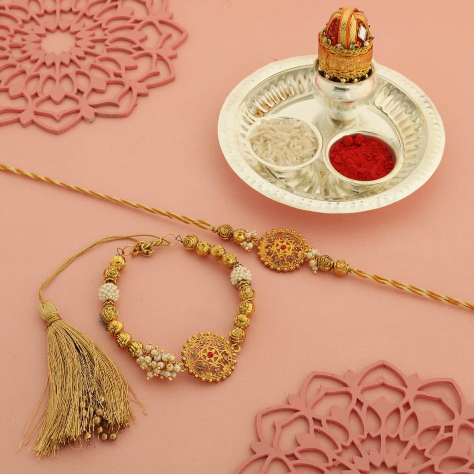 Send Antique Bhaiya Bhabhi Rakhi With Pooja Thali Online, Same Day Delivery  in UAE | IGP | JVS1300451