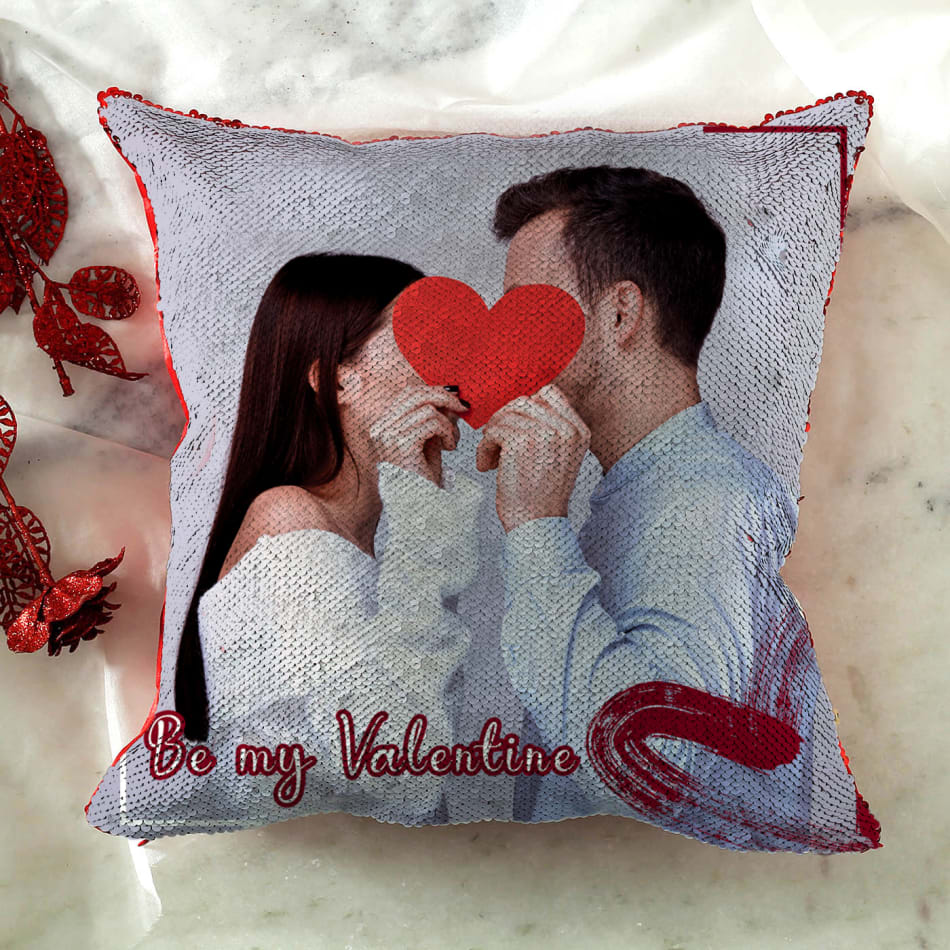 Send Be My Valentine Personalized Photo Sequin Cushion Online Same Day Delivery in UAE IGP J11111055