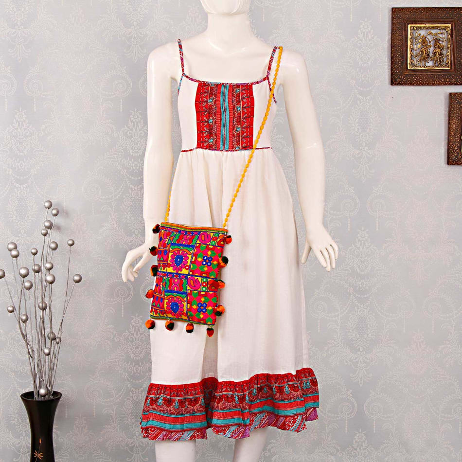 p biba spaghetti strap kurti with muticolor embroidered sling bag 18988 m