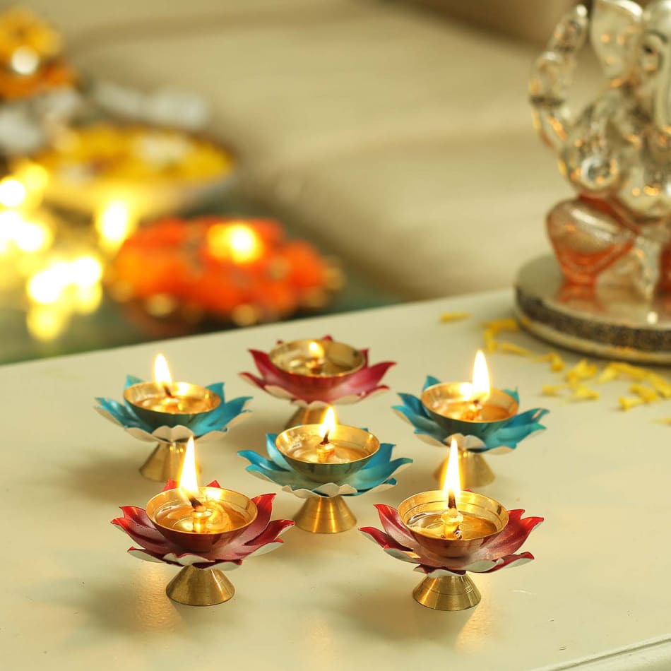 Colorful Flower Shaped Metal Diyas: Gift/Send Home and Living ...