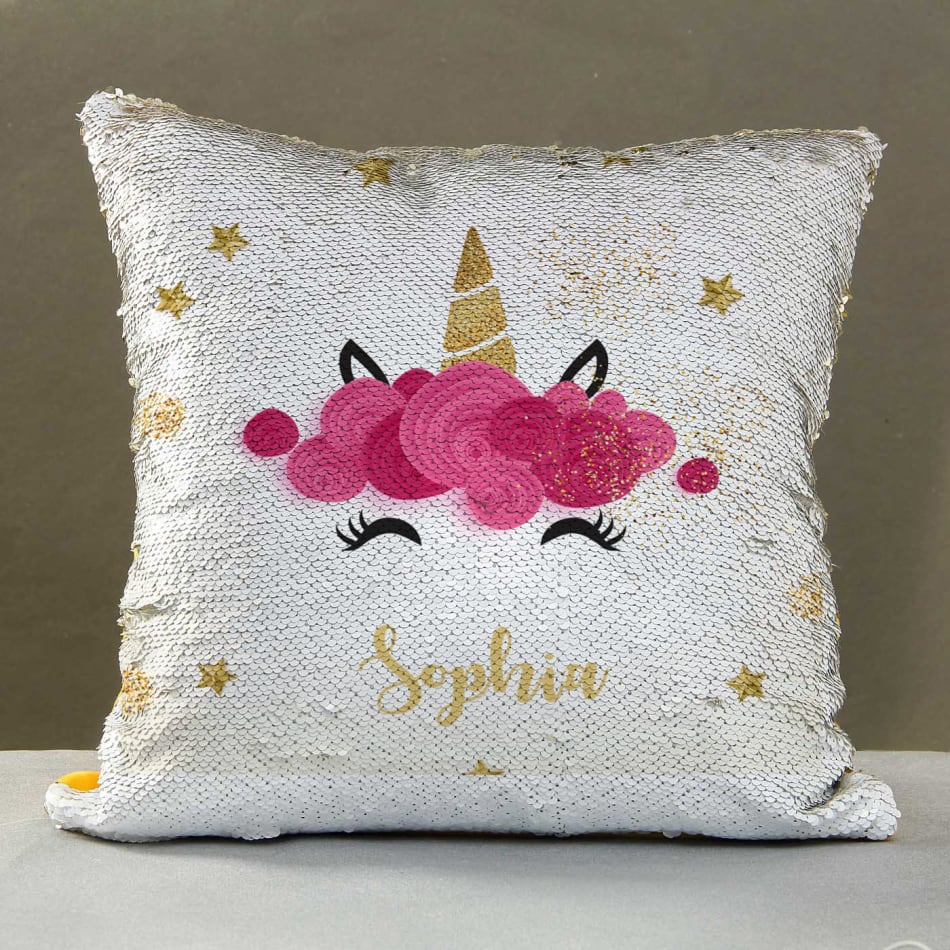 Cute Unicorn Personalized Sequin Cushion Gift Send Bhaidooj Gifts